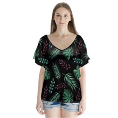 Tropical Leaves Pattern V-neck Flutter Sleeve Top by Vaneshart