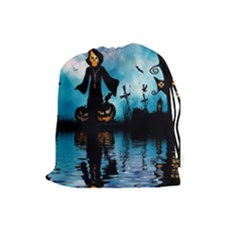 Funny Halloween Design With Skeleton, Pumpkin And Owl Drawstring Pouch (large) by FantasyWorld7