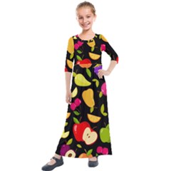 Vector Seamless Summer Fruits Pattern Black Background Kids  Quarter Sleeve Maxi Dress by Vaneshart