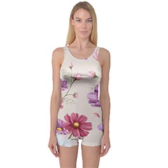 Vector Hand Drawn Cosmos Flower Pattern One Piece Boyleg Swimsuit by Sobalvarro