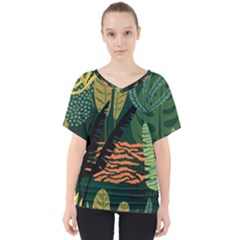 Abstract Seamless Pattern With Tropical Leaves V-neck Dolman Drape Top by Vaneshart