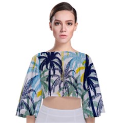 Colorful Summer Palm Trees White Forest Background Tie Back Butterfly Sleeve Chiffon Top by Vaneshart