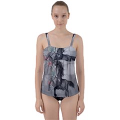 Wonderful Black And White Horse Twist Front Tankini Set by FantasyWorld7