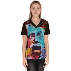 Albert Einstein Retro Wall Graffiti Blue Pink Orange Modern Urban Art Grunge Women s V-neck Scrub Top by genx