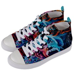 Albert Einstein Retro Wall Graffiti Blue Pink Orange Modern Urban Art Grunge Women s Mid-top Canvas Sneakers by genx