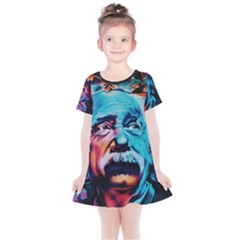 Albert Einstein Retro Wall Graffiti Blue Pink Orange Modern Urban Art Grunge Kids  Simple Cotton Dress by genx