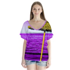 Pop Art Beach Umbrella V-neck Flutter Sleeve Top by essentialimage