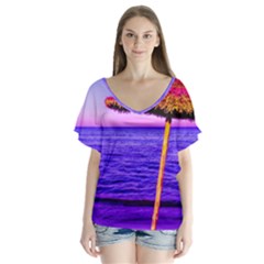 Pop Art Beach Umbrella  V-neck Flutter Sleeve Top by essentialimage