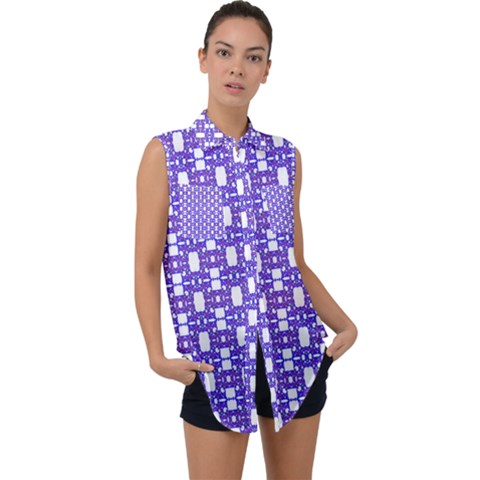 Purple  White  Abstract Pattern Sleeveless Chiffon Button Shirt by BrightVibesDesign