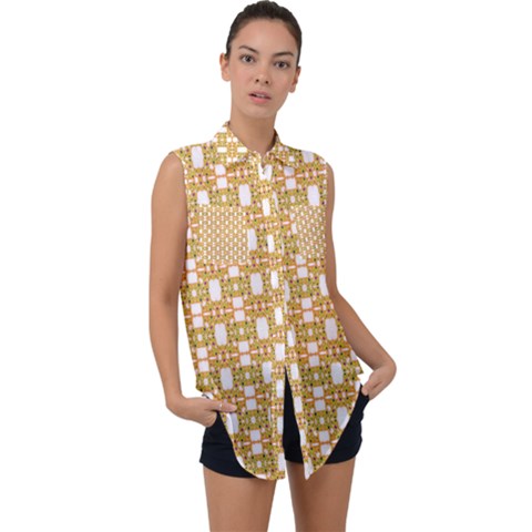 Yellow  White  Abstract Pattern Sleeveless Chiffon Button Shirt by BrightVibesDesign