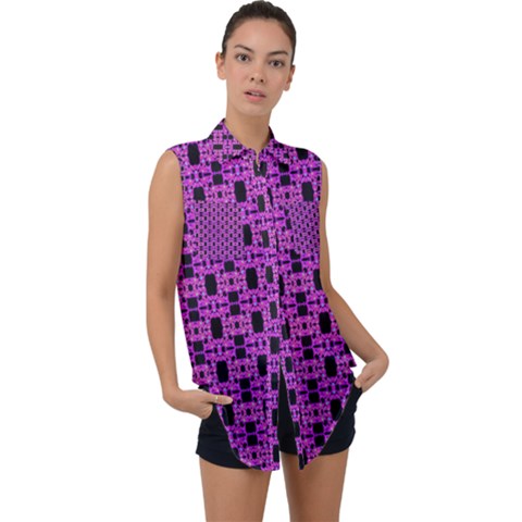 Pink Black Abstract Pattern Sleeveless Chiffon Button Shirt by BrightVibesDesign