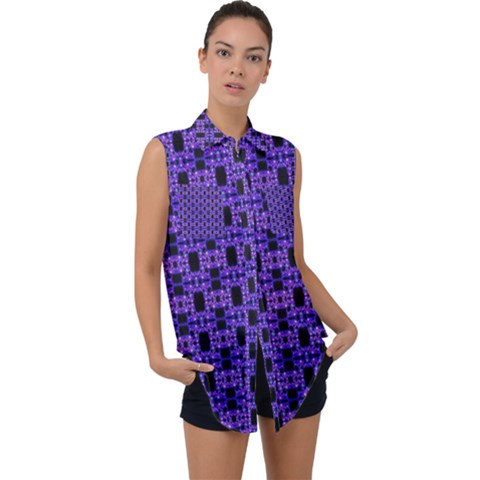 Purple Black Abstract Pattern Sleeveless Chiffon Button Shirt by BrightVibesDesign