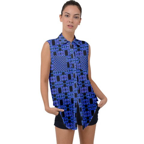 Blue Black Abstract Pattern Sleeveless Chiffon Button Shirt by BrightVibesDesign