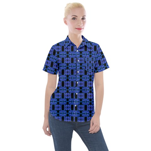 Blue Black Abstract Pattern Women s Short Sleeve Pocket Shirt by BrightVibesDesign