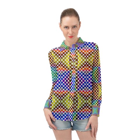 Colorful Circle Abstract White Brown Blue Yellow Long Sleeve Chiffon Shirt by BrightVibesDesign