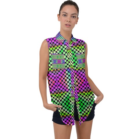Bright  Circle Abstract Black Green Pink Blue Sleeveless Chiffon Button Shirt by BrightVibesDesign