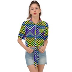 Bright Circle Abstract Black Blue Yellow Red Tie Front Shirt  by BrightVibesDesign