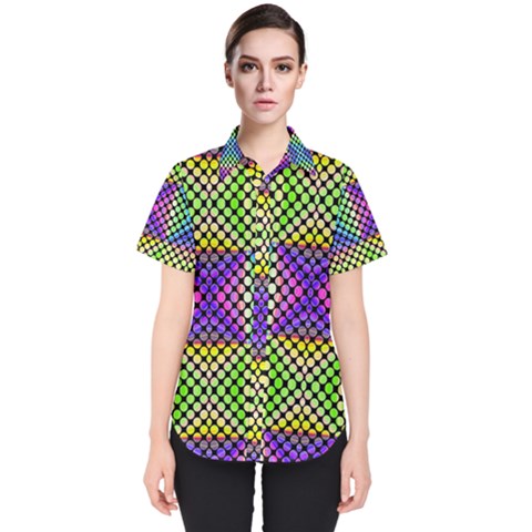 Bright  Circle Abstract Black Yellow Purple Green Blue Women s Short Sleeve Shirt by BrightVibesDesign