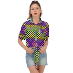 Bright  Circle Abstract Black Yellow Purple Green Blue Tie Front Shirt  by BrightVibesDesign