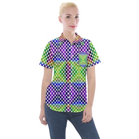 Colorful Circle Abstract White Purple Green Blue Women s Short Sleeve Pocket Shirt by BrightVibesDesign