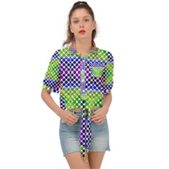 Colorful Circle Abstract White Purple Green Blue Tie Front Shirt  by BrightVibesDesign