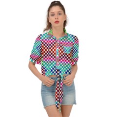 Colorful Circle Abstract White  Red Pink Green Tie Front Shirt  by BrightVibesDesign