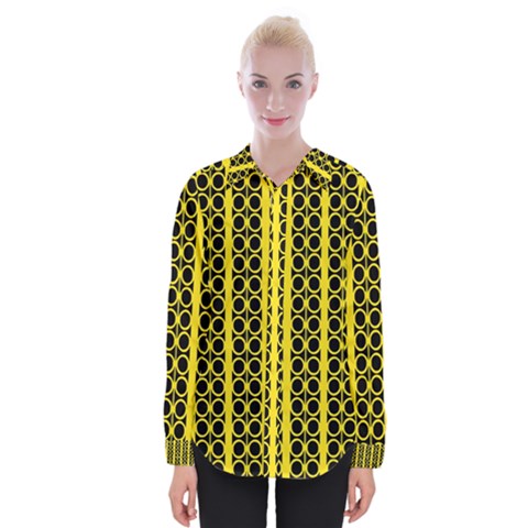 Circles Lines Black Yellow Womens Long Sleeve Shirt by BrightVibesDesign