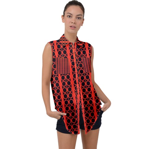 Circles Lines Black Orange Sleeveless Chiffon Button Shirt by BrightVibesDesign