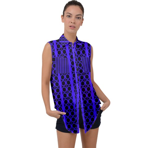 Circles Lines Black Blue Sleeveless Chiffon Button Shirt by BrightVibesDesign