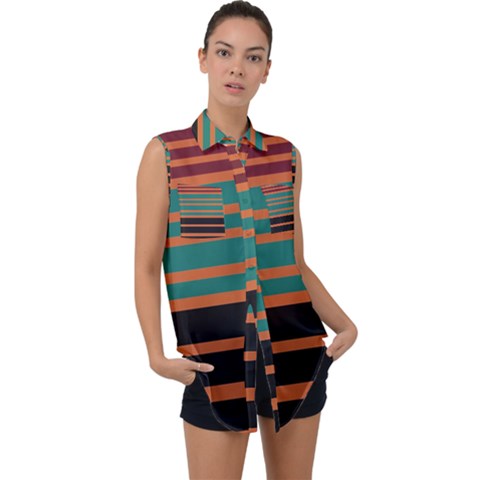 Black Stripes Orange Brown Teal Sleeveless Chiffon Button Shirt by BrightVibesDesign
