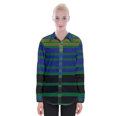 Black Stripes Green Olive Blue Womens Long Sleeve Shirt by BrightVibesDesign