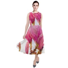 Magnolia Roze Aquarel Watercolor Round Neck Boho Dress by picsaspassion