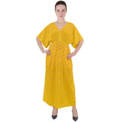 Background Polka Yellow V-neck Boho Style Maxi Dress by HermanTelo