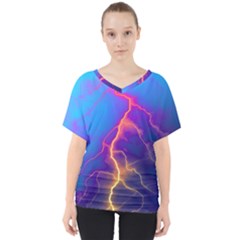 Blue Lightning Colorful Digital Art V-neck Dolman Drape Top by picsaspassion