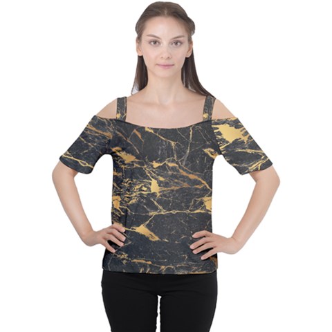 Black Marble Texture With Gold Veins Floor Background Print Luxuous Real Marble Cutout Shoulder Tee by genx