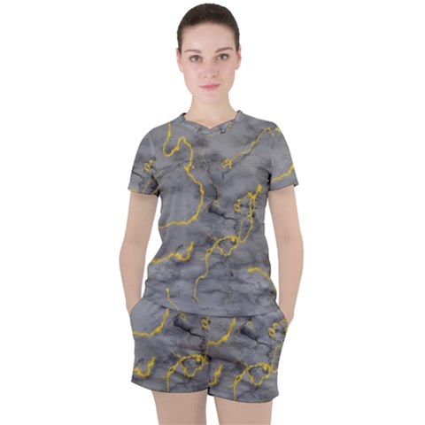 Marble Neon Retro Light Gray With Gold Yellow Veins Texture Floor Background Retro Neon 80s Style Neon Colors Print Luxuous Real Marble Women s Tee And Shorts Set by genx