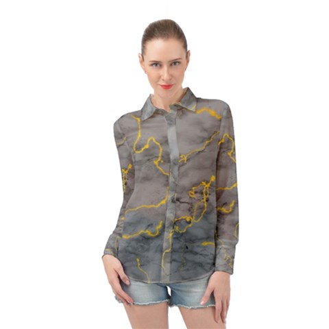 Marble Neon Retro Light Gray With Gold Yellow Veins Texture Floor Background Retro Neon 80s Style Neon Colors Print Luxuous Real Marble Long Sleeve Chiffon Shirt by genx