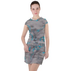 Marble Light Gray With Bright Cyan Blue Veins Texture Floor Background Retro Neon 80s Style Neon Colors Print Luxuous Real Marble Drawstring Hooded Dress by genx