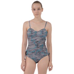 Marble Light Gray With Bright Cyan Blue Veins Texture Floor Background Retro Neon 80s Style Neon Colors Print Luxuous Real Marble Sweetheart Tankini Set by genx