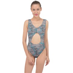 Marble Light Gray With Bright Cyan Blue Veins Texture Floor Background Retro Neon 80s Style Neon Colors Print Luxuous Real Marble Center Cut Out Swimsuit by genx