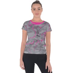 Marble Light Gray With Bright Magenta Pink Veins Texture Floor Background Retro Neon 80s Style Neon Colors Print Luxuous Real Marble Short Sleeve Sports Top  by genx