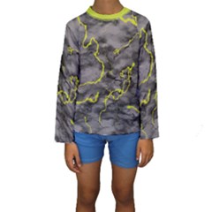 Marble Light Gray With Green Lime Veins Texture Floor Background Retro Neon 80s Style Neon Colors Print Luxuous Real Marble Kids  Long Sleeve Swimwear by genx