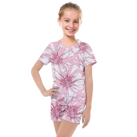 Pink Flowers Kids  Mesh Tee And Shorts Set by Sobalvarro