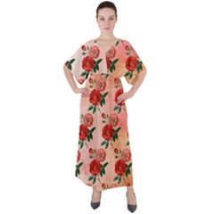 Pattern Flower Paper V-neck Boho Style Maxi Dress by HermanTelo