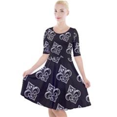 French France Fleur De Lys Metal Pattern Black And White Antique Vintage Black Rocker Quarter Sleeve A-line Dress by Quebec
