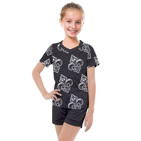 French France Fleur De Lys Metal Pattern Black And White Antique Vintage Black Rocker Kids  Mesh Tee And Shorts Set by Quebec