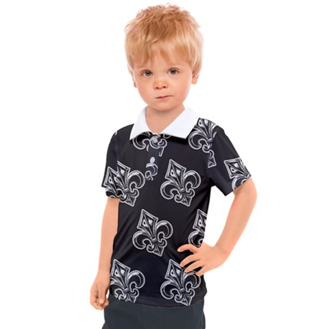 French France Fleur De Lys Metal Pattern Black And White Antique Vintage Black Rocker Kids  Polo Tee by Quebec