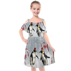 Funny Penguin In A Winter Landscape Kids  Cut Out Shoulders Chiffon Dress by FantasyWorld7