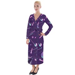 Retrowave Aesthetic Vaporwave Retro Memphis Pattern 80s Design Geometrical Shapes Futurist Pink Blue 3d Velvet Maxi Wrap Dress by genx