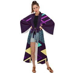 Retrowave Aesthetic Vaporwave Retro Memphis Triangle Pattern 80s Yellow Turquoise Purple Maxi Kimono by genx